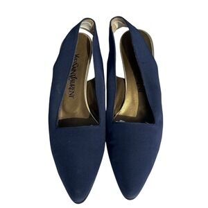 Yves Saint Laurent Navy Blue Slingback Block Heels Women's Shoes 7.5N‎ Blue 2.5"